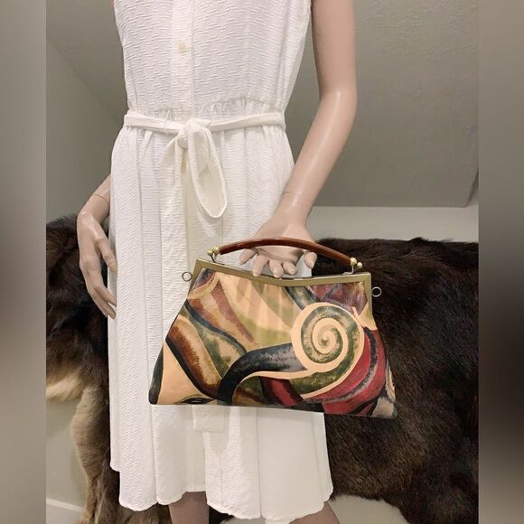 Abstract Print Genuine Cowhide Handmade Double Kisslock Bag with 2 Strap Styles - Picture 10 of 16